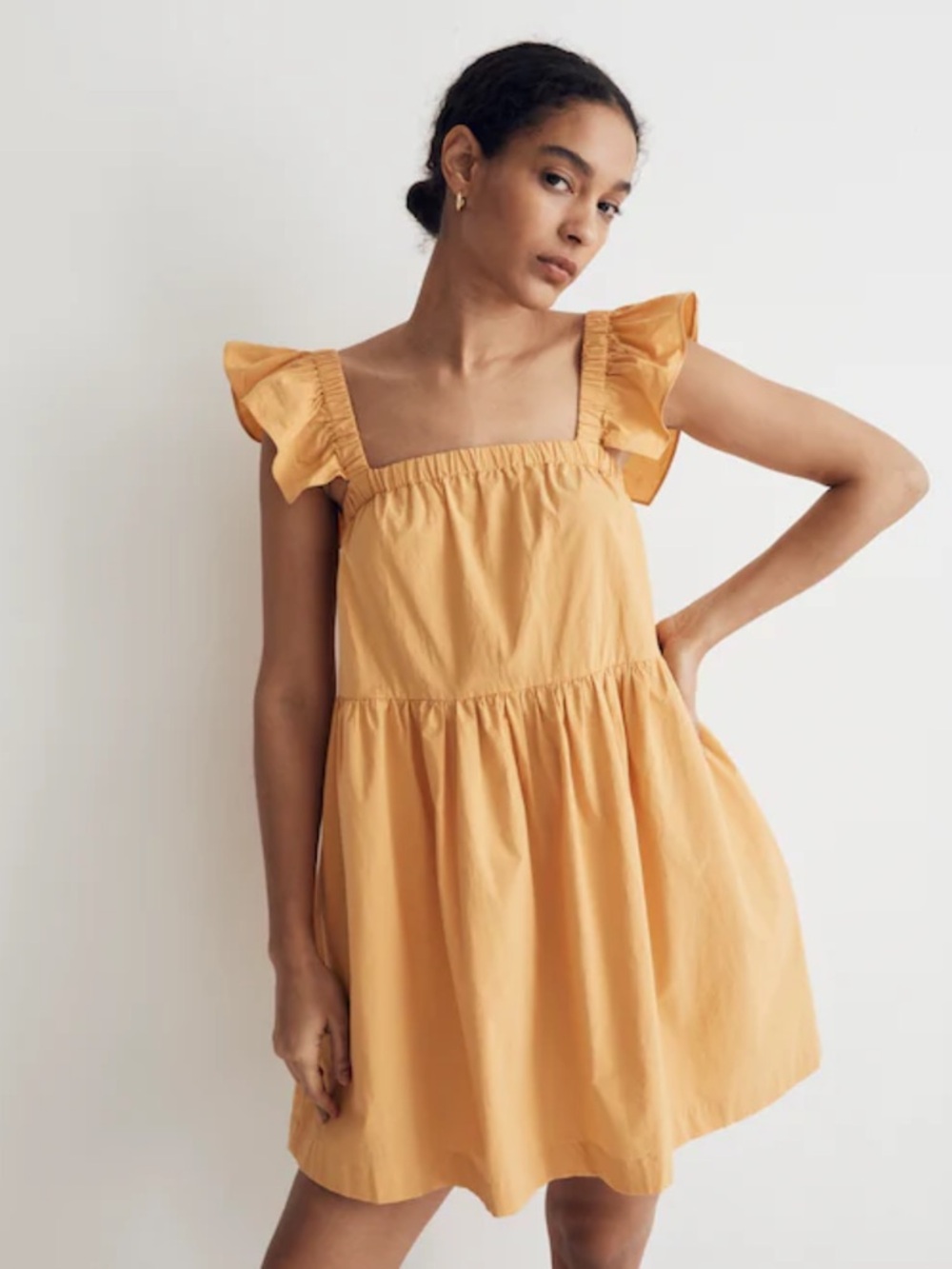 Madewell Flutter-Sleeve Square-Neck Mini Dress in Autumn Wheat
